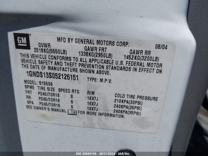 2005 Chevrolet Trailblazer Ls VIN: 1GNDS13S052126151 Lot: 39555185