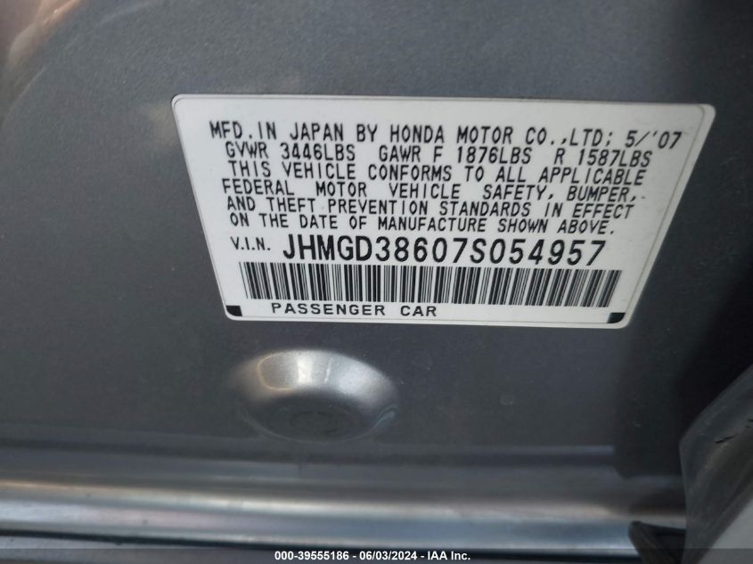 2007 Honda Fit Sport VIN: JHMGD38607S054957 Lot: 39555186