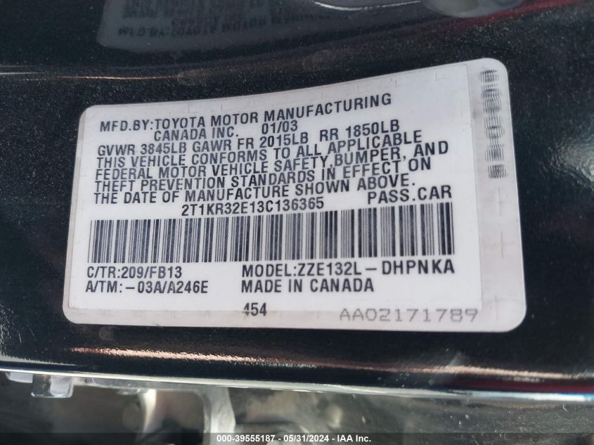 2003 Toyota Matrix Xr VIN: 2T1KR32E13C136365 Lot: 39555187