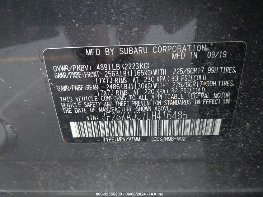 2020 Subaru Forester VIN: JF2SKADC7LH416485 Lot: 39555200