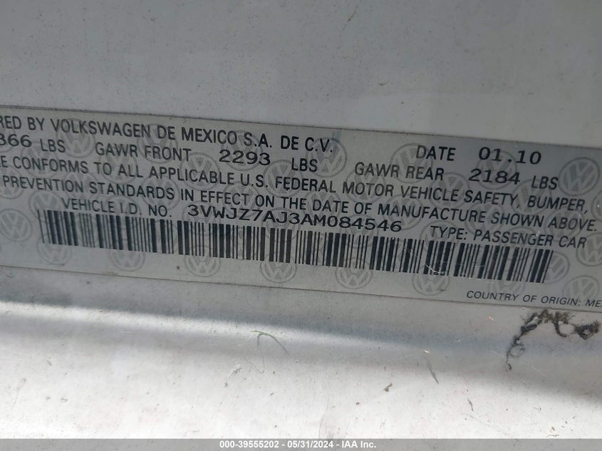 2010 Volkswagen Jetta S VIN: 3VWJZ7AJ3AM084546 Lot: 39555202