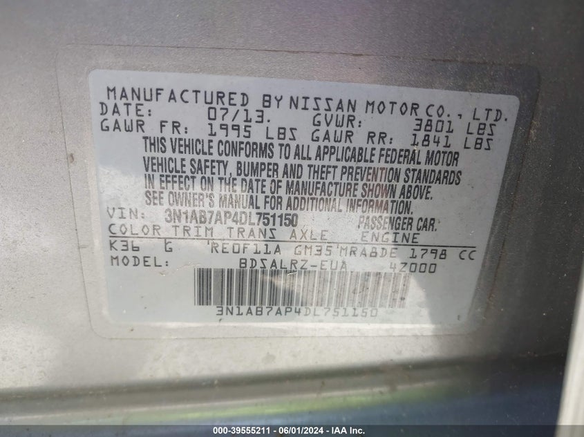 2013 Nissan Sentra Sr VIN: 3N1AB7AP4DL751150 Lot: 39555211