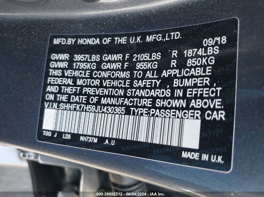 2018 Honda Civic Ex VIN: SHHFK7H59JU430365 Lot: 39555212