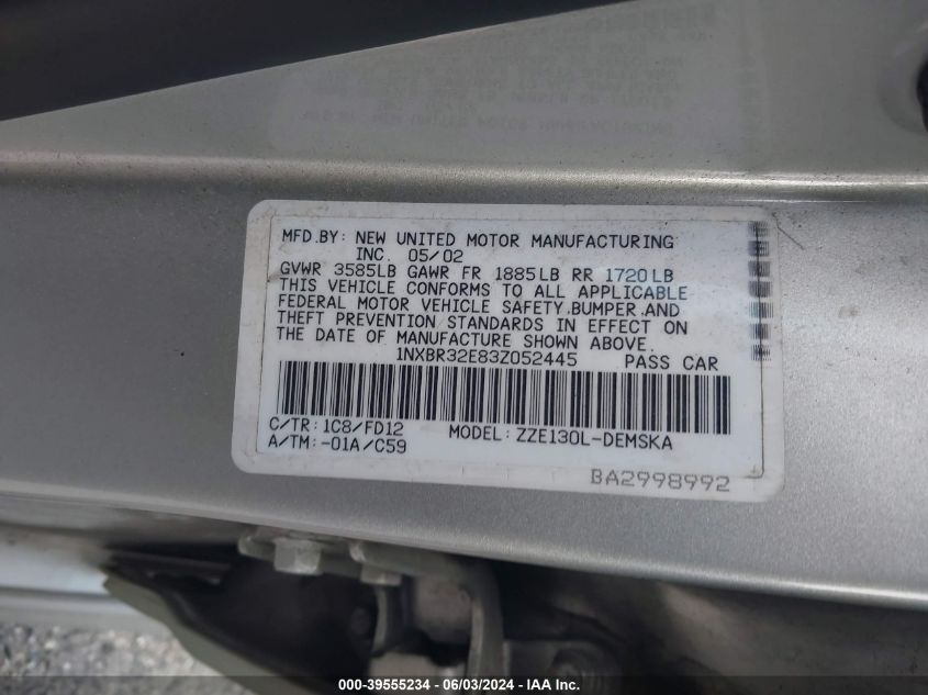 2003 Toyota Corolla Ce/Le/S VIN: 1NXBR32E83Z052445 Lot: 39555234