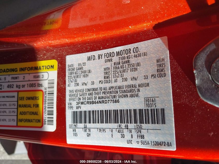 2022 Ford Bronco Sport Big Bend VIN: 3FMCR9B64NRD77586 Lot: 39555238