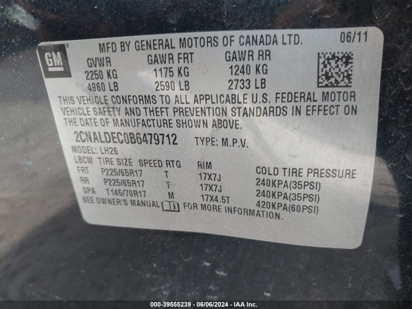 2011 Chevrolet Equinox 1Lt VIN: 2CNALDEC0B6479712 Lot: 39555239