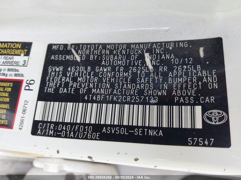 2012 Toyota Camry Le VIN: 4T4BF1FK2CR257133 Lot: 39555268