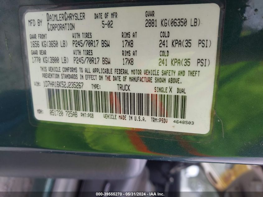 2002 Dodge Ram 1500 St VIN: 1D7HA16K52J235267 Lot: 39555270