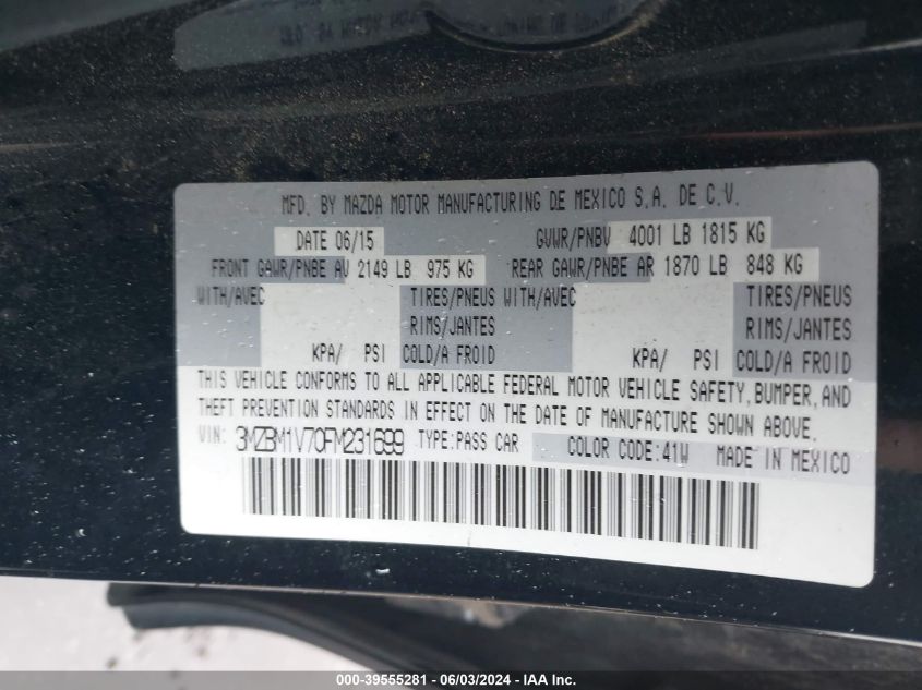 2015 Mazda Mazda3 I Touring VIN: 3MZBM1V70FM231699 Lot: 39555281