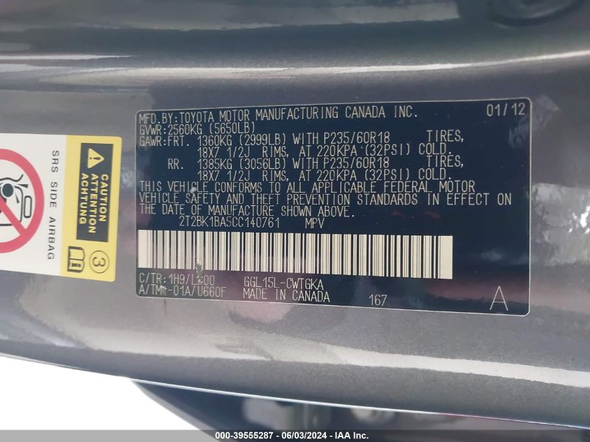 2012 Lexus Rx 350 VIN: 2T2BK1BA5CC140761 Lot: 39555287