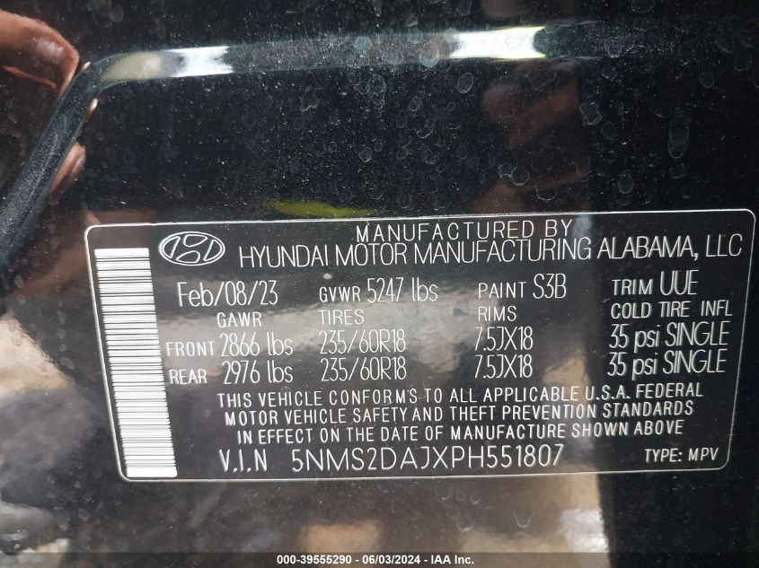 2023 Hyundai Santa Fe Sel VIN: 5NMS2DAJXPH551807 Lot: 39555290