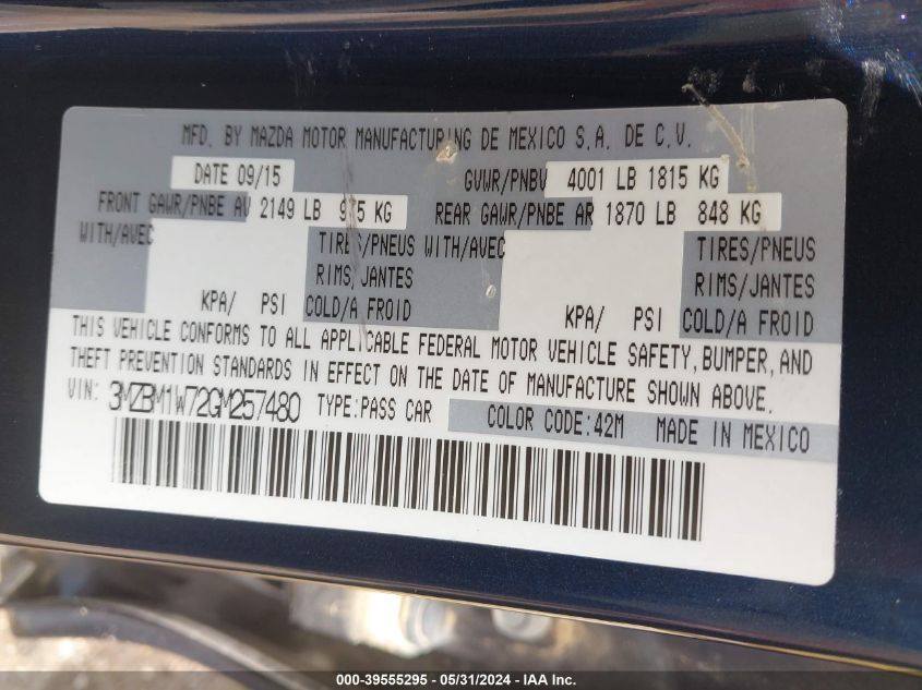 2016 Mazda Mazda3 I Touring VIN: 3MZBM1W72GM257480 Lot: 39555295