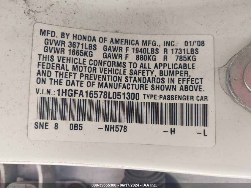 2008 Honda Civic Lx VIN: 1HGFA16578L051300 Lot: 39555300
