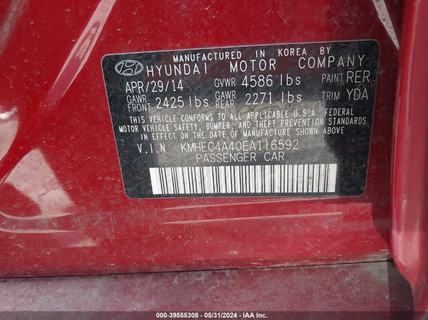 2014 Hyundai Sonata Hybrid VIN: KMHEC4A40EA116592 Lot: 39555308