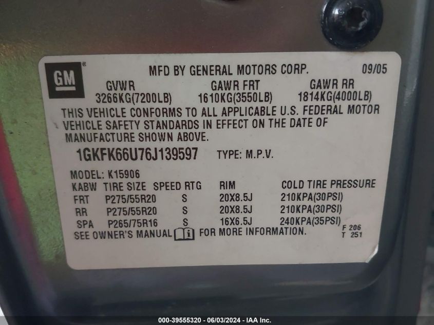 2006 GMC Yukon Xl 1500 Denali VIN: 1GKFK66U76J139597 Lot: 39555320