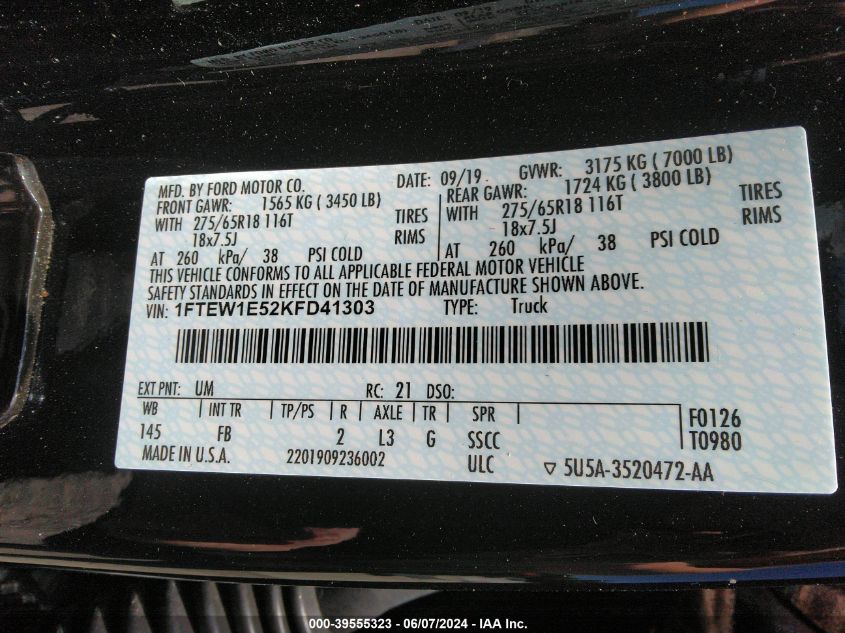 2019 Ford F-150 Xlt VIN: 1FTEW1E52KFD41303 Lot: 39555323