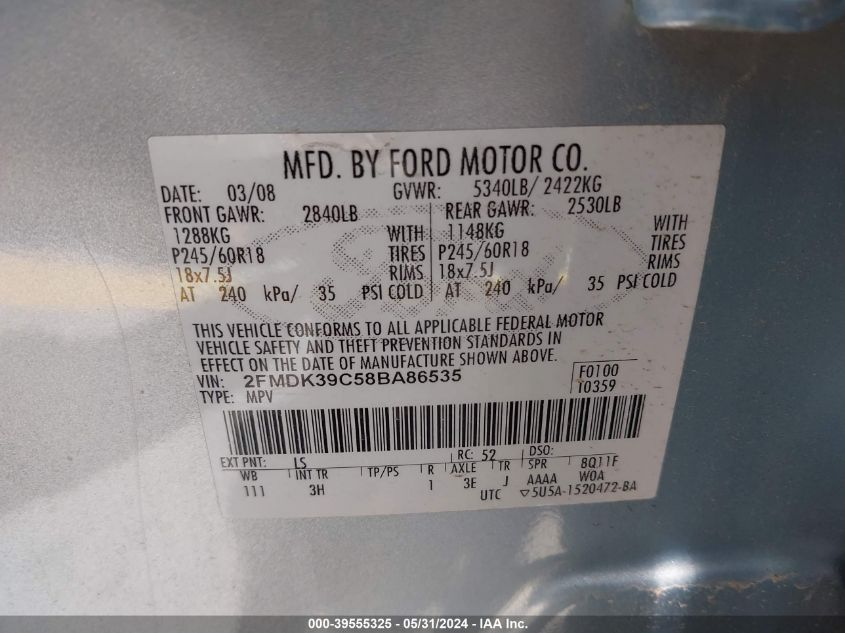 2008 Ford Edge Limited VIN: 2FMDK39C58BA86535 Lot: 39555325