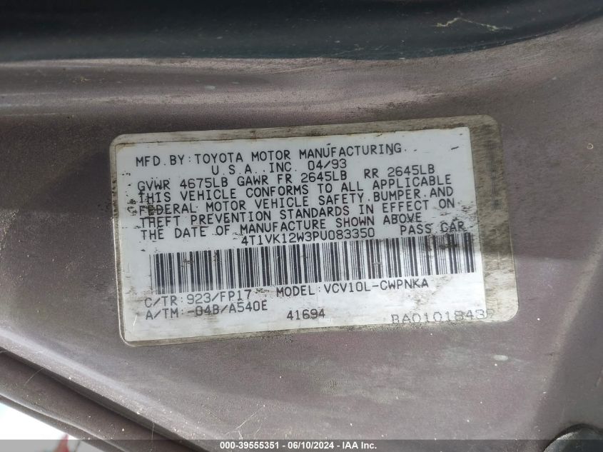 1993 Toyota Camry Le VIN: 4T1VK12W3PU083350 Lot: 39555351