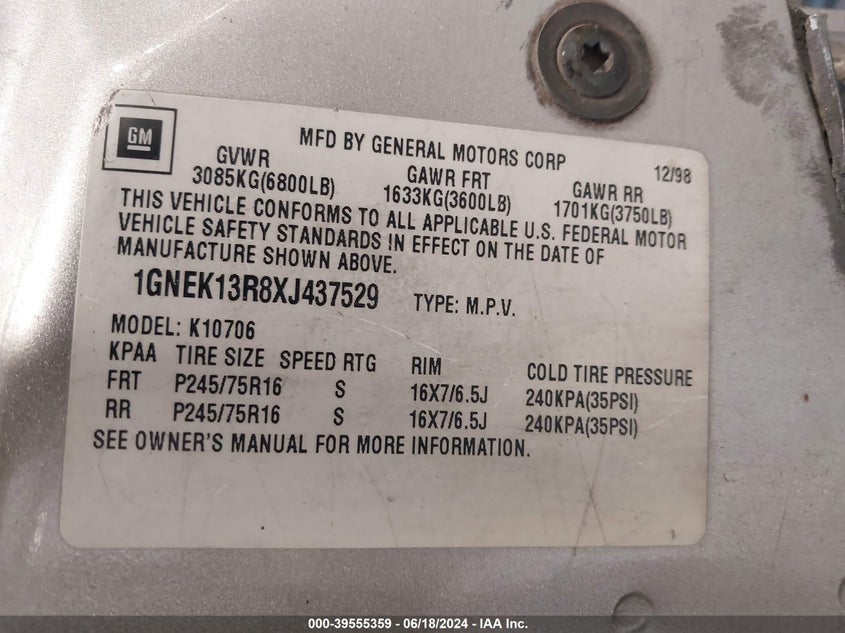 1999 Chevrolet Tahoe Ls VIN: 1GNEK13R8XJ437529 Lot: 39555359