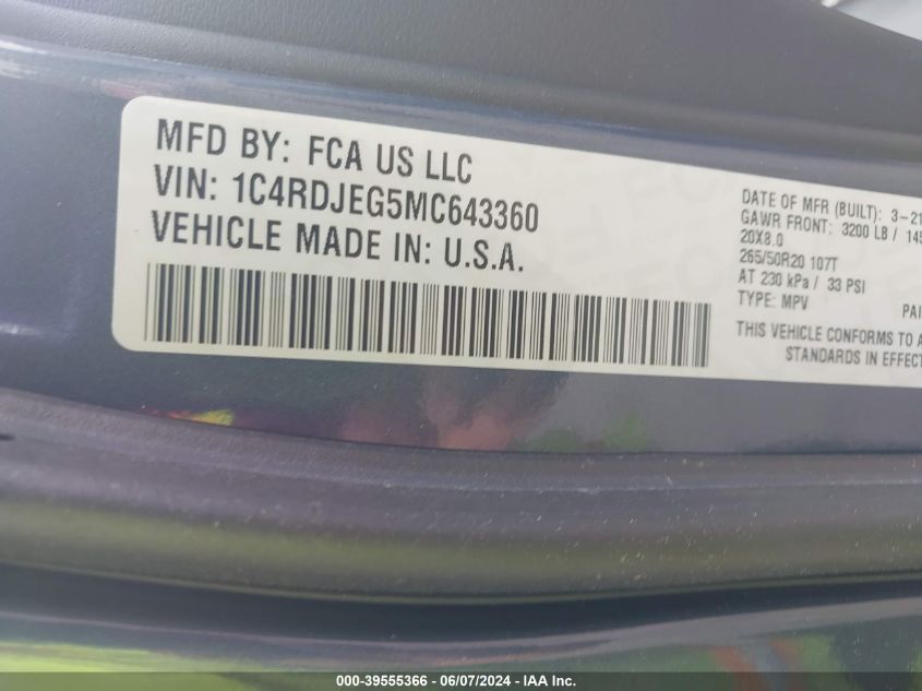 2021 Dodge Durango Citadel Awd VIN: 1C4RDJEG5MC643360 Lot: 39555366