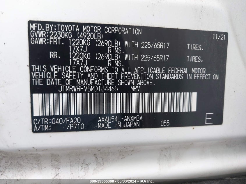2021 Toyota Rav4 Xle Hybrid VIN: JTMRWRFV5MD134465 Lot: 39555388