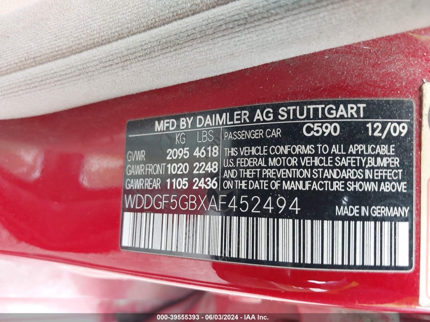 2010 Mercedes-Benz C 350 Sport VIN: WDDGF5GBXAF452494 Lot: 39555393