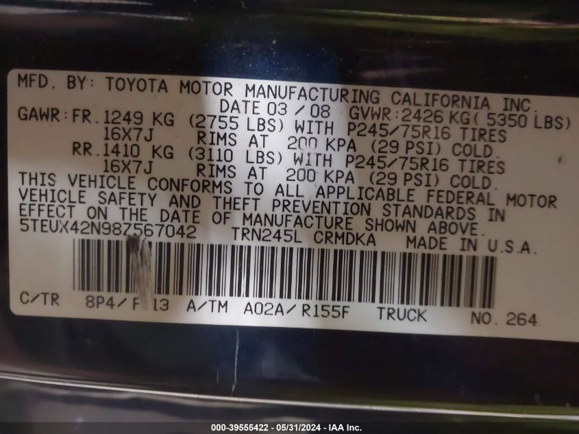 2008 Toyota Tacoma Access Cab VIN: 5TEUX42N98Z567042 Lot: 39555422