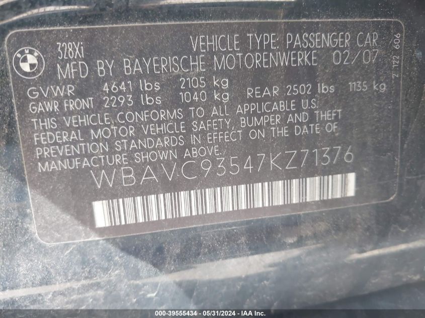 2007 BMW 328Xi VIN: WBAVC93547KZ71376 Lot: 39555434