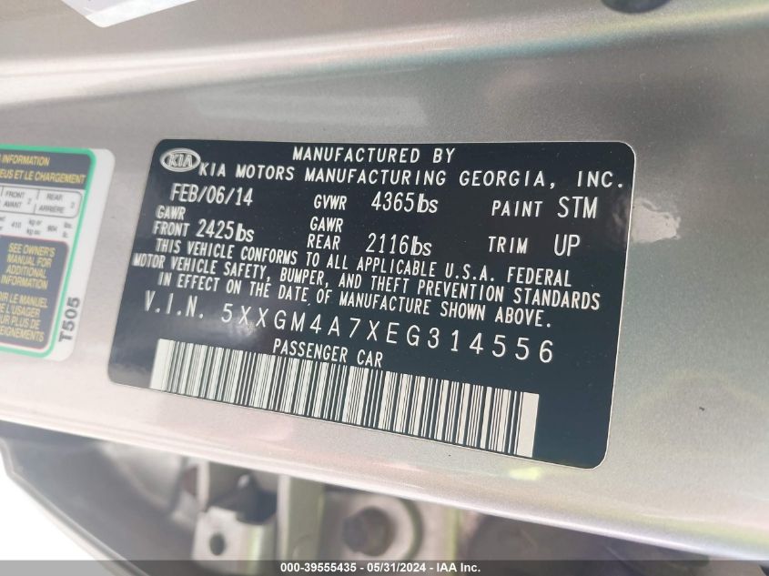 2014 Kia Optima Lx VIN: 5XXGM4A7XEG314556 Lot: 39555435