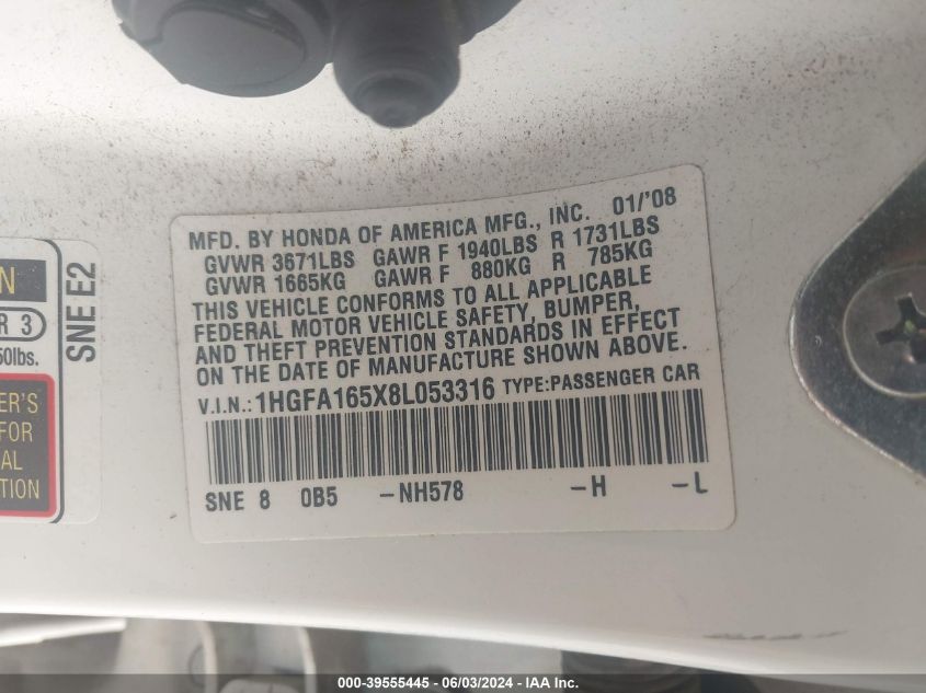 2008 Honda Civic Lx VIN: 1HGFA165X8L053316 Lot: 39555445