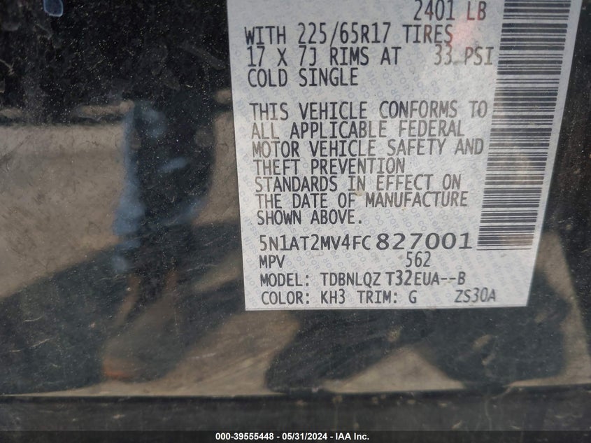 2015 Nissan Rogue Sv VIN: 5N1AT2MV4FC827001 Lot: 39555448