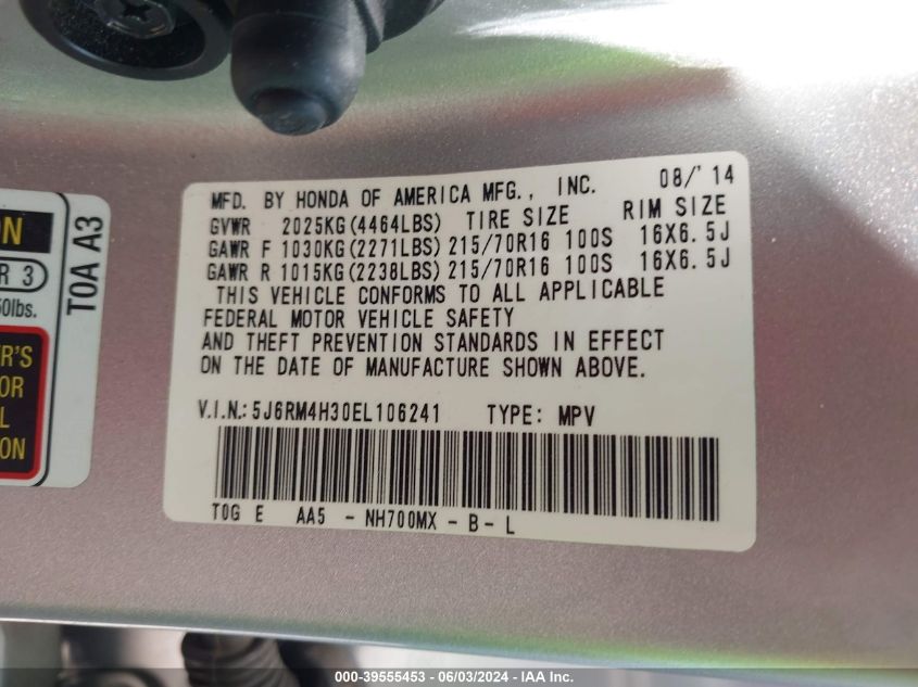 2014 Honda Cr-V Lx VIN: 5J6RM4H30EL106241 Lot: 39555453