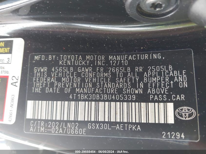 4T1BK3DB3BU405339 2011 Toyota Avalon Limited