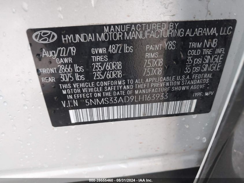 2020 Hyundai Santa Fe Sel VIN: 5NMS33AD9LH163933 Lot: 39555460