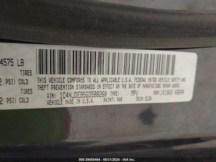 2016 Jeep Compass High Altitude Edition VIN: 1C4NJDEB5GD588260 Lot: 39555464