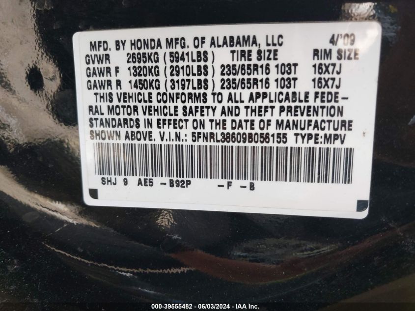 2009 Honda Odyssey Ex-L VIN: 5FNRL38609B056155 Lot: 39555482