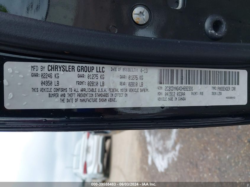 2013 Dodge Challenger Sxt VIN: 2C3CDYAG4DH692331 Lot: 39555483