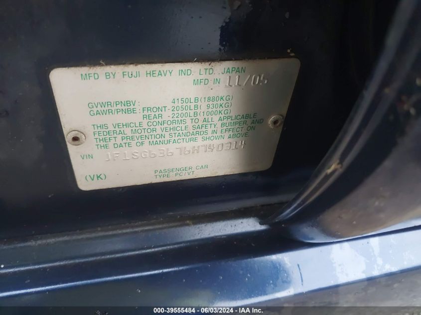 2006 Subaru Forester 2.5X VIN: JF1SG63676H740314 Lot: 39555484