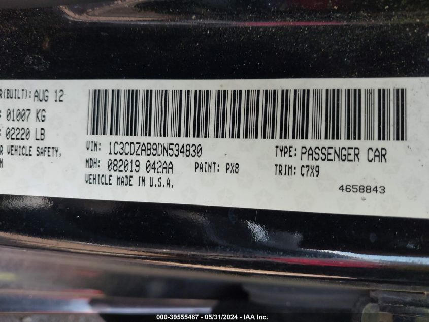 2013 Dodge Avenger Se VIN: 1C3CDZAB9DN534830 Lot: 39555487