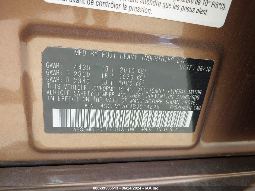 2011 Subaru Legacy 2.5I VIN: 4S3BMBA64B3214826 Lot: 39555513