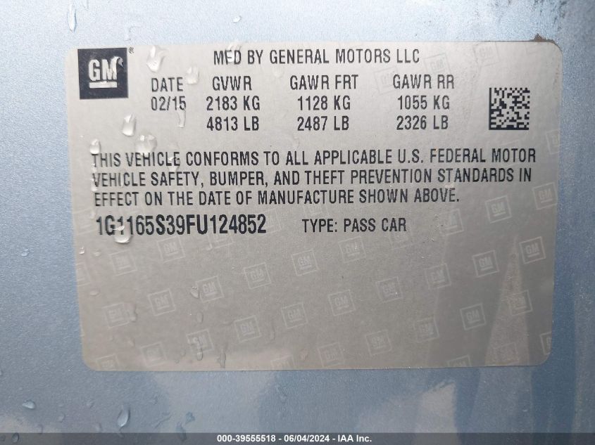 2015 Chevrolet Impala 2Lz VIN: 1G1165S39FU124852 Lot: 39555518