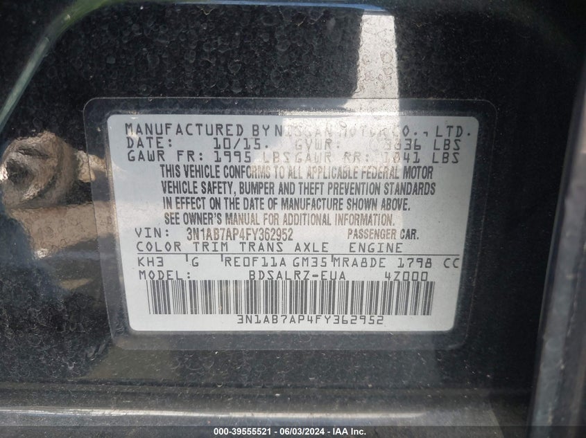 2015 Nissan Sentra Sr VIN: 3N1AB7AP4FY362952 Lot: 39555521