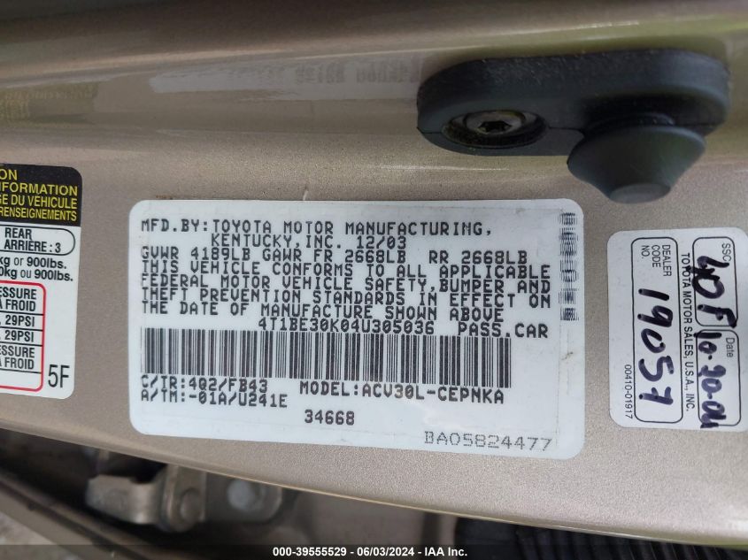 2004 Toyota Camry Le VIN: 4T1BE30K04U305036 Lot: 39555529