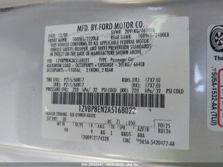 2010 Ford Mustang VIN: 1ZVBP8EN2A5168022 Lot: 39555541