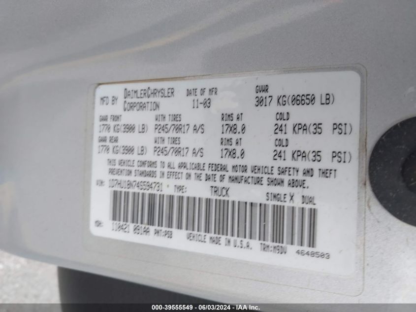 2004 Dodge Ram 1500 Slt/Laramie VIN: 1D7HU18N74S594731 Lot: 39555549