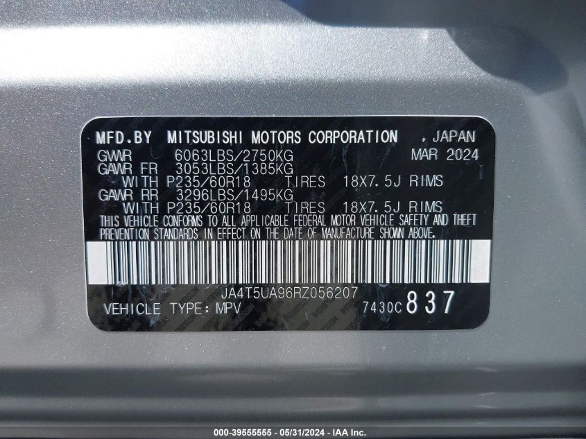 2024 Mitsubishi Outlander Es VIN: JA4T5UA96RZ056207 Lot: 39555555