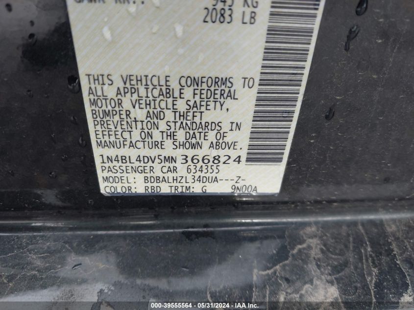 2021 Nissan Altima Sv Fwd VIN: 1N4BL4DV5MN366824 Lot: 39555564