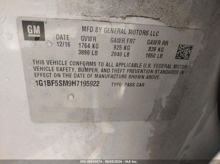 2017 Chevrolet Cruze Premier Auto VIN: 1G1BF5SM9H7195922 Lot: 39555574