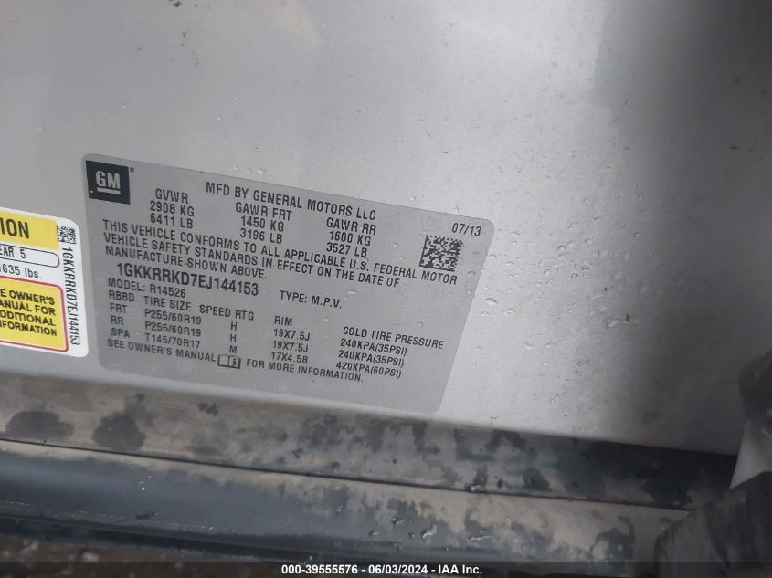 2014 GMC Acadia Slt-1 VIN: 1GKKRRKD7EJ144153 Lot: 39555576