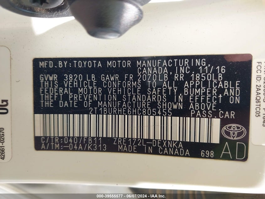 2017 Toyota Corolla Le VIN: 2T1BURHE6HC805455 Lot: 39555577